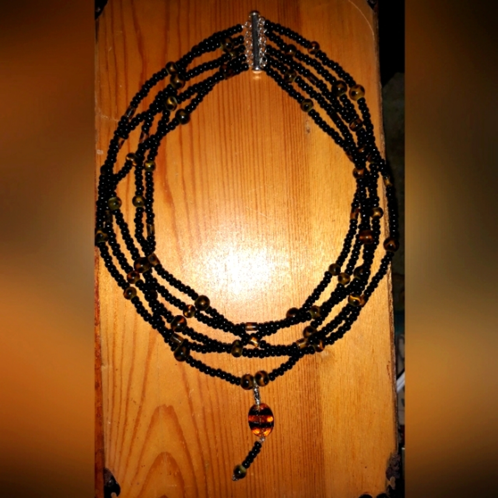 Black and Brown Multi-Strand Beaded Necklace